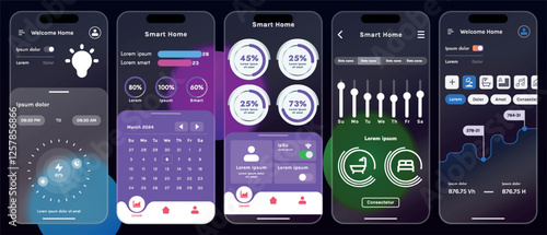 Sleek vector illustration of a smart home app interface displayed on a smartphone. The design features a glass base, modern icons and controls.