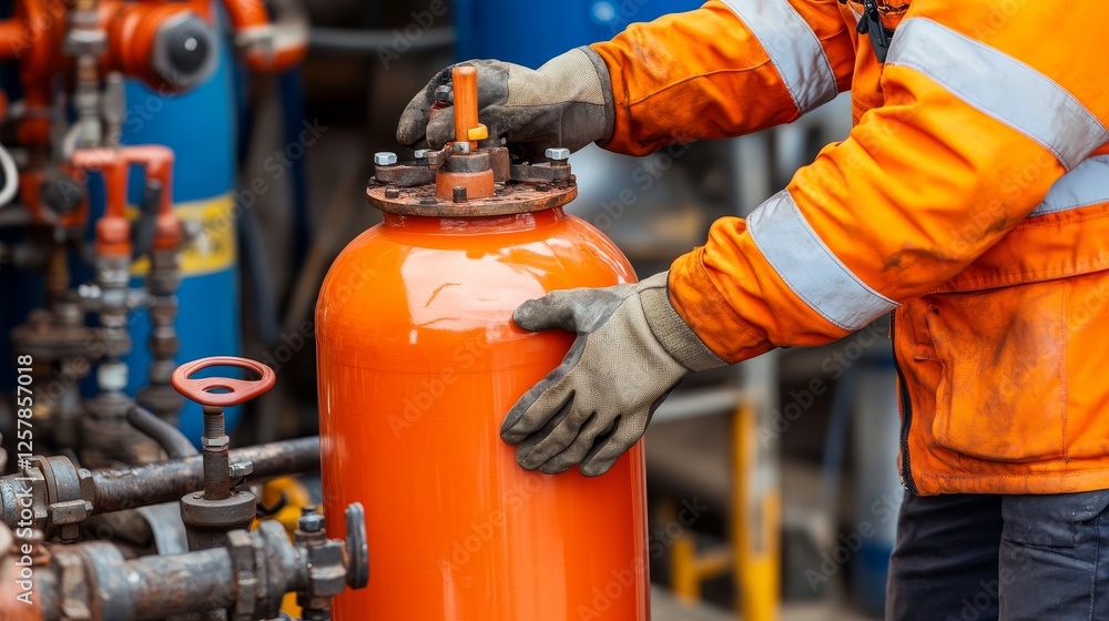 Close-up of a worker handling an LPG cylinder in an industrial setting, wearing a uniform jacket with reflective stripes, gloves, and a helmet, symbolizing safety, hard work, gas industry operations. Close-up of a worker handling an LPG cylinder in an industrial setting, wearing a uniform jacket with reflective stripes, gloves, and a helmet, symbolizing safety, hard work, gas industry operations.