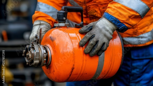 Wallpaper Mural Close-up of a worker handling an LPG cylinder in an industrial setting, wearing a uniform jacket with reflective stripes, gloves, and a helmet, symbolizing safety, hard work, gas industry operations. Torontodigital.ca