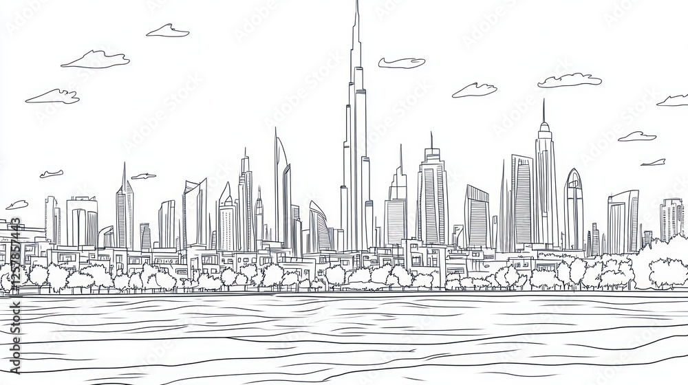 Obraz premium Dubai skyline sketch, waterfront view, sunny day, travel brochure