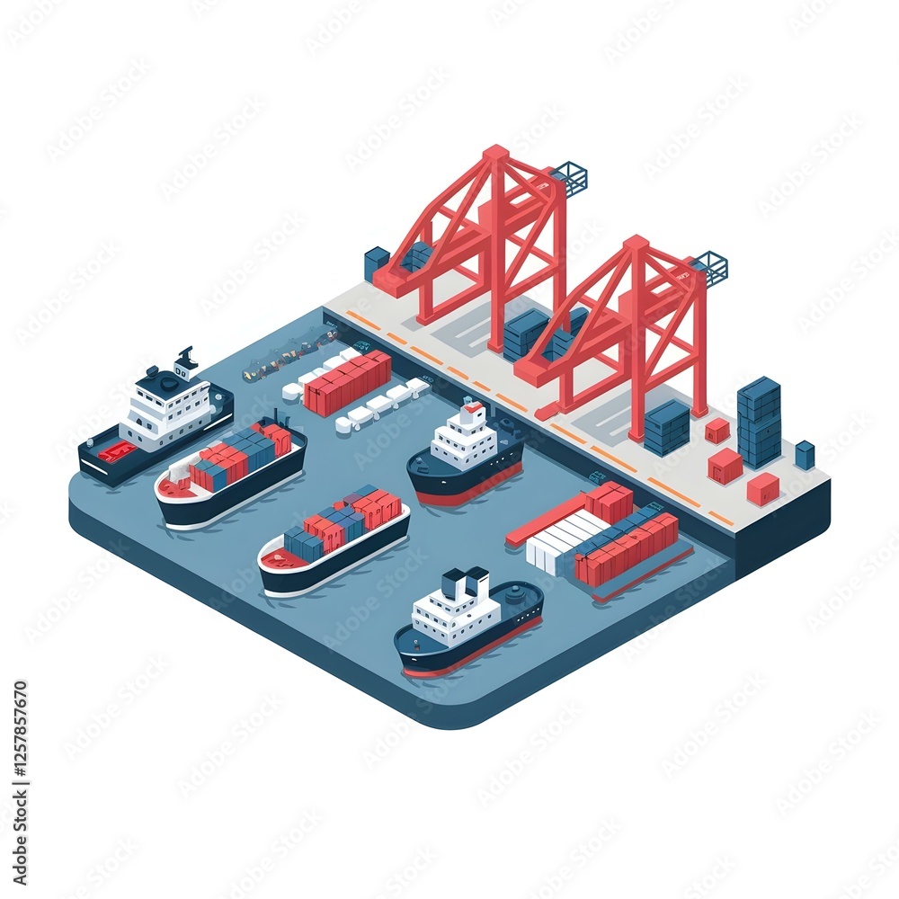 Obraz premium Vector Illustration of a Busy Shipping Port with Cranes, Boats, and Cargo Containers – Ideal for Transportation, Logistics, Maritime Industry, and Supply Chain Management Themes in Graphic Design