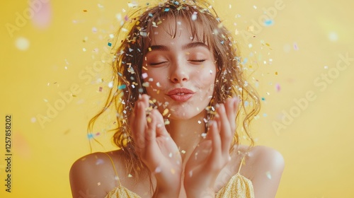 Happy fashion girl blowing confetti with yellow background - Young woman having fun at fest wearing trendy dress - Party, event and celebration concept - Focus on corianders holded in hands photo