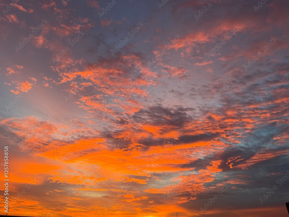 Fototapeta premium Panoramic view of sunset golden and blue sky nature background. Colorful dramatic sky with cloud at sunset.Sky background.Sky with clouds at sunset.