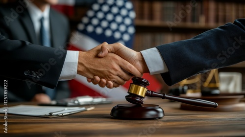 Wallpaper Mural Professional handshake between a lawyer and a client over a desk with a gavel, symbolizing legal agreement, trust, and professional consultation in a corporate office setting. Torontodigital.ca