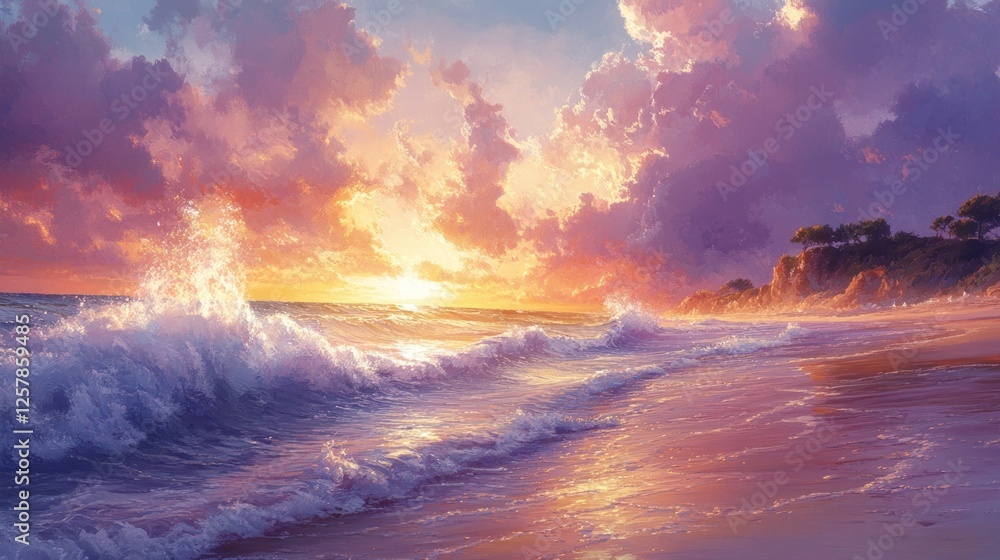 Fototapeta premium Serene sunset over a tranquil beach with gentle waves lapping at the shore and colorful clouds