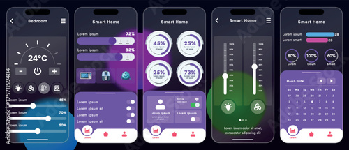 Sleek vector illustration of a smart home app interface displayed on a smartphone. The design features a glass base, modern icons and controls.