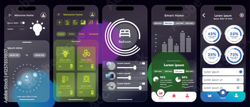 Sleek vector illustration of a smart home app interface displayed on a smartphone. The design features a glass base, modern icons and controls.
