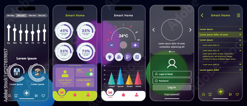 Sleek vector illustration of a smart home app interface displayed on a smartphone. The design features a glass base, modern icons and controls.
