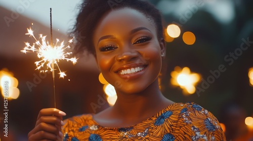 Cheerful young woman holding single sparkler in hand outdoor. Detail of african girl celebrating new yearâs eve with bengal light. Closeup of beautiful woman holding a sparkling stick at party nigh photo