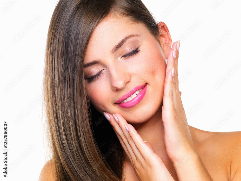 Hair care, beauty and woman with smile, cosmetics and dermatology isolated on white studio background. Glow, aesthetic and model with healthy scalp, shampoo and volume with eyes closed and makeup Hair care, beauty and woman with smile, cosmetics and dermatology isolated on white studio background. Glow, aesthetic and model with healthy scalp, shampoo and volume with eyes closed and makeup