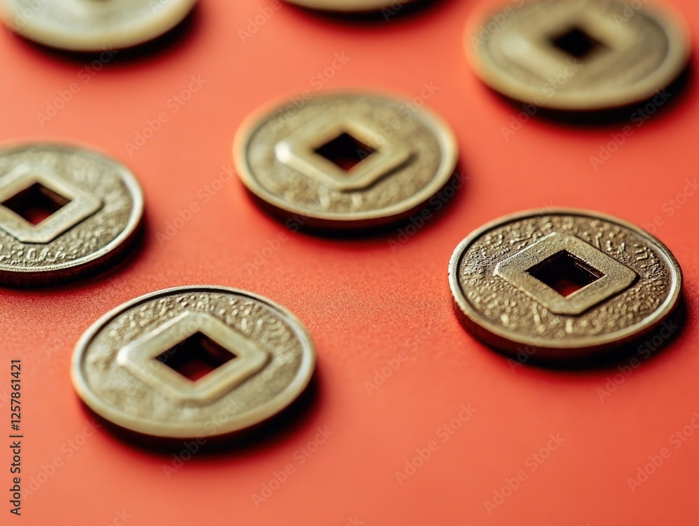 A collection of Chinese coins featuring characters, symbols and designs representative of Chinese culture. A collection of Chinese coins featuring characters, symbols and designs representative of Chinese culture.