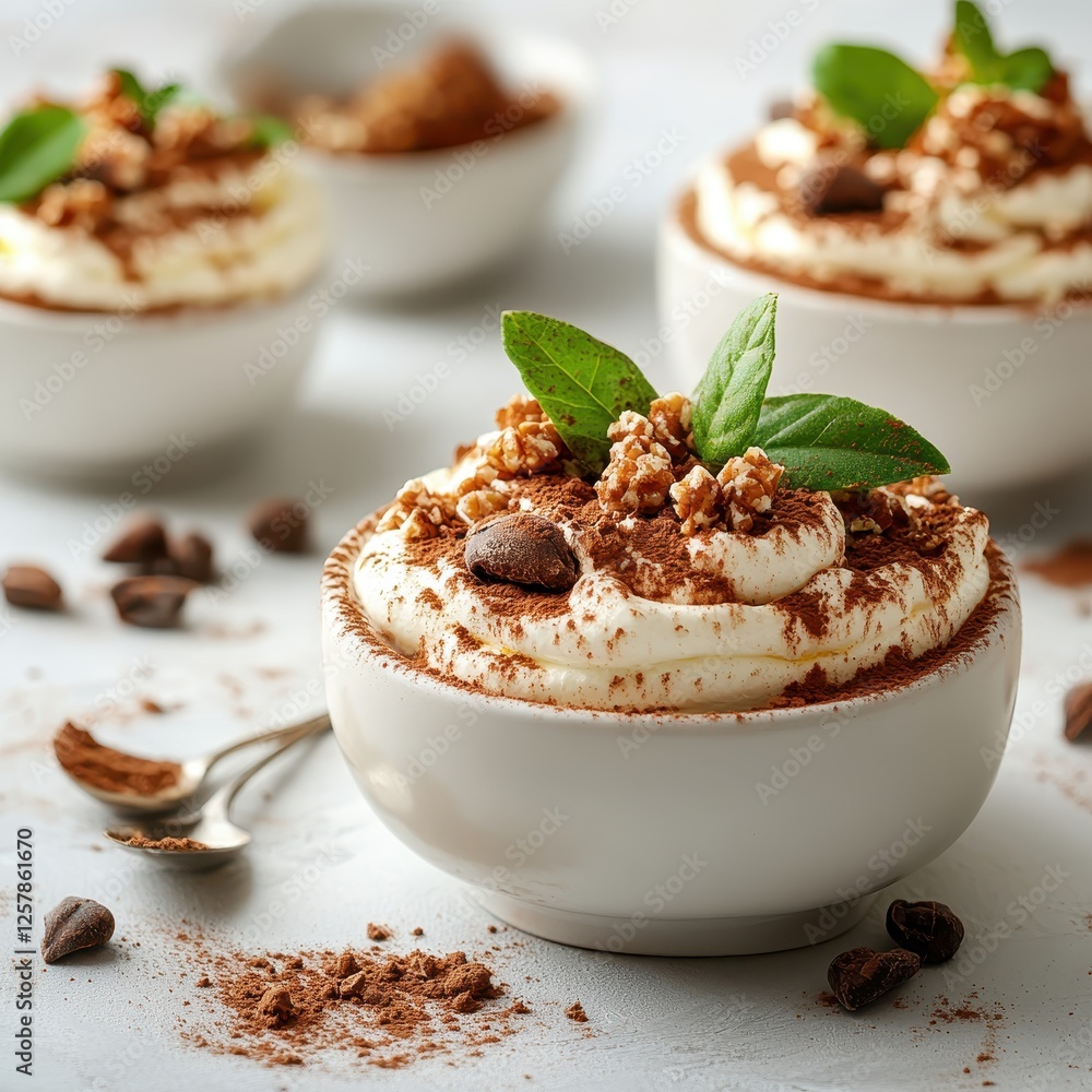 Elegant tiramisu dessert with cocoa dusting, creamy mascarpone filling, isolated on a white table, soft pastel tones, refreshing style Elegant tiramisu dessert with cocoa dusting, creamy mascarpone filling, isolated on a white table, soft pastel tones, refreshing style
