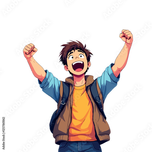 Vsai happy student celebrating success with arms raised and backpack