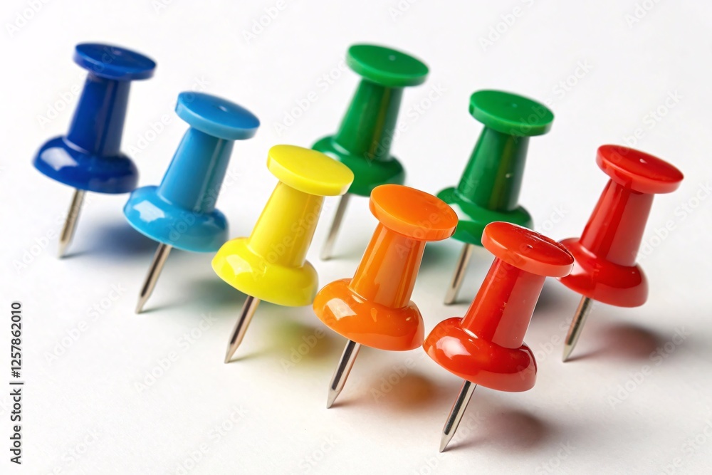Vibrant Collection of Colorful Push Pins on White Background Vibrant Collection of Colorful Push Pins on White Background