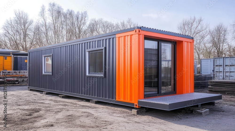 Modern orange and grey shipping container home. Modern orange and grey shipping container home.