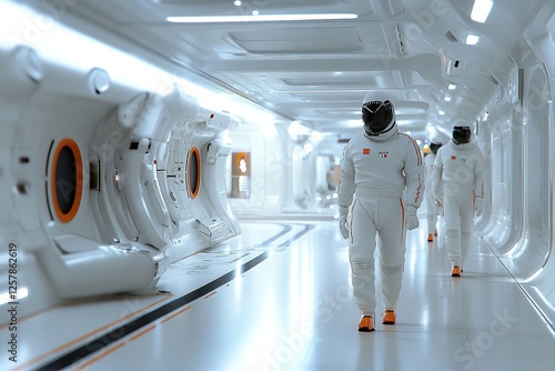 Fototapeta Naklejka Na Ścianę i Meble -  Astronauts walking inside a futuristic space station corridor during a mission exploration