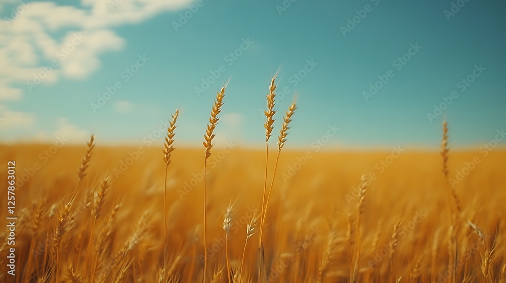 Fototapeta premium A golden wheat field under the blue sky close up shot, Golden Wheat Field Under Blue Sky,