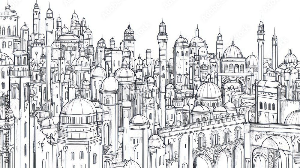 Cityscape, architectural sketch, Middle Eastern style, dense buildings, background illustration, design Cityscape, architectural sketch, Middle Eastern style, dense buildings, background illustration, design