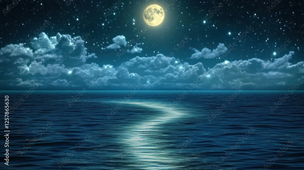 Fototapeta premium Moonlit ocean path, night sky, tranquil scene, travel poster