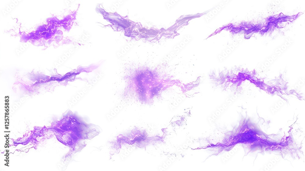 Fototapeta premium Purple Lightning bolt strike set. Isolated white background. Zeus, God, Jupiter, Thor, mythology concepts. Shock and energy glow. Fractal light burst flair. Fantasy glowing white PNG