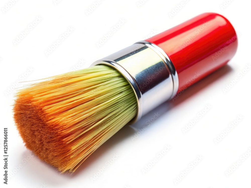 Fototapeta premium Macro detail reveals a pristine round paintbrush against a stark white backdrop, showcasing artistic tools in sharp focus.