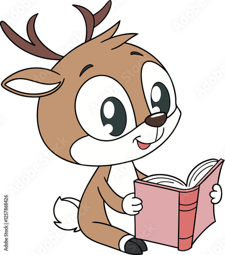 Cute cartoon baby deer reading a red book vector illustration