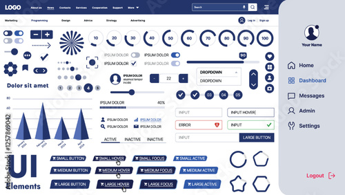 A modern UI kit featuring a collection of buttons, icons, navigation menus, and responsive design elements. Includes login forms, media players, search bars, and calendars, ideal for apps, websites