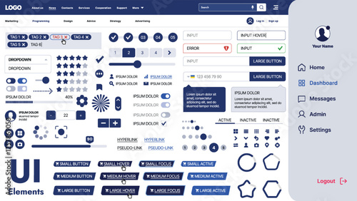 A modern UI kit featuring a collection of buttons, icons, navigation menus, and responsive design elements. Includes login forms, media players, search bars, and calendars, ideal for apps, websites