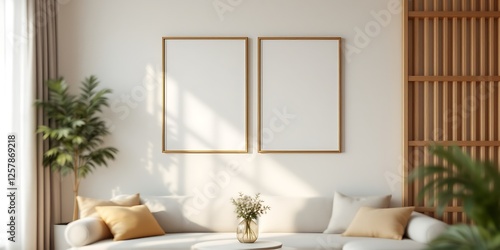 Modern living room, sunlight, sofa, frames, plants. Interior design mockup