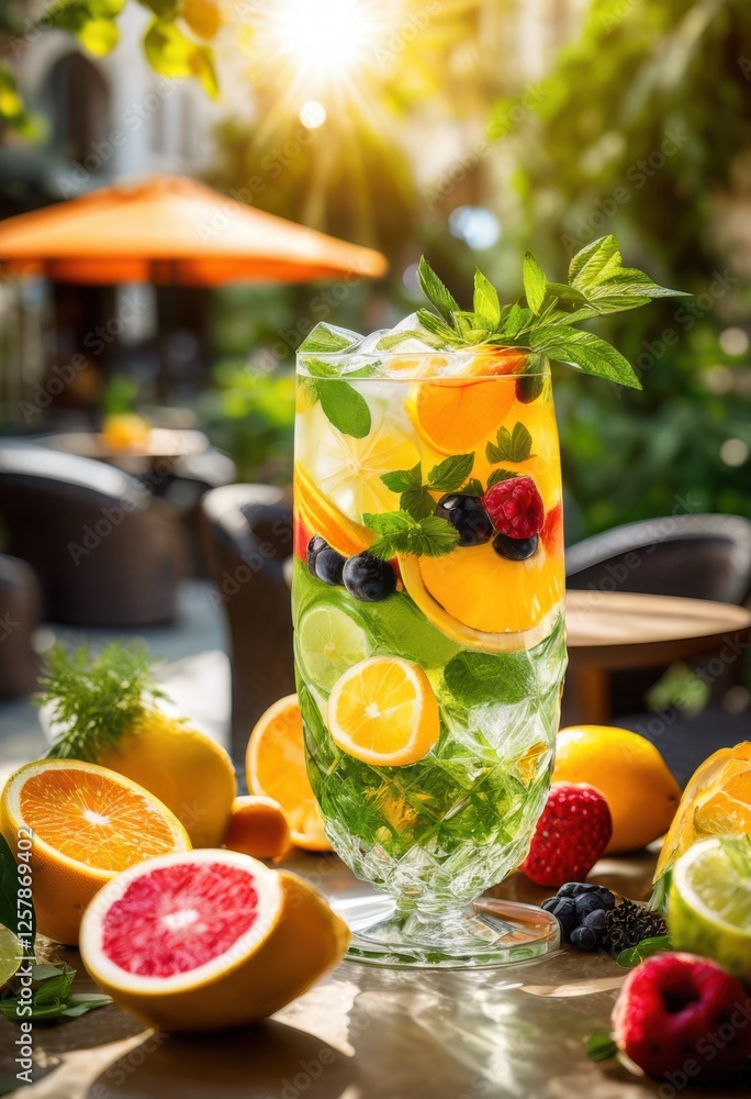 Fototapeta premium vibrant refreshing beverage crystal clear glass filled ice garnished fresh fruits herbs, drink, cocktail, refreshment, liquid, citrus, tropical, splash, cool