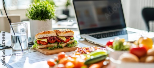 Delicious Office Lunch Break: Sandwiches, Salad, and Laptop