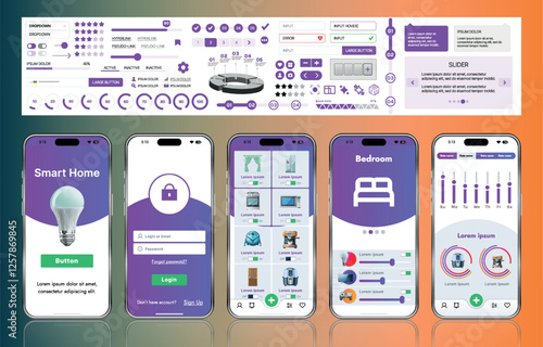 A sleek smart home application interface template featuring modern icons and a gradient design. Includes navigation menus for managing devices, monitoring security, controlling temperature