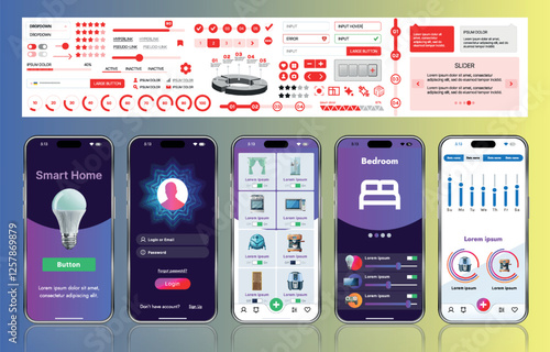 A sleek smart home application interface template featuring modern icons and a gradient design. Includes navigation menus for managing devices, monitoring security, controlling temperature