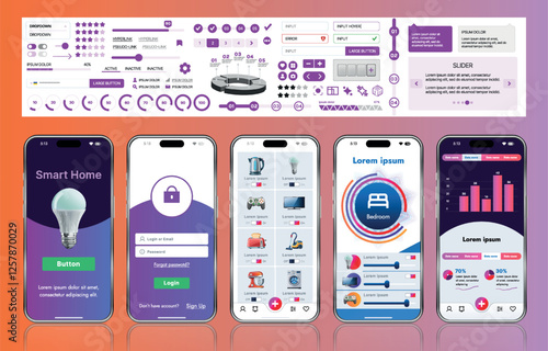 A sleek smart home application interface template featuring modern icons and a gradient design. Includes navigation menus for managing devices, monitoring security, controlling temperature