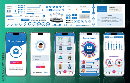 A sleek smart home application interface template featuring modern icons and a gradient design. Includes navigation menus for managing devices, monitoring security, controlling temperature