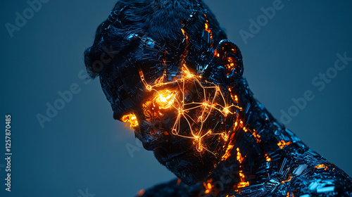 Fractured Human Figure with Glowing Orange Energy Abstract Surreal Tech Fusion photo