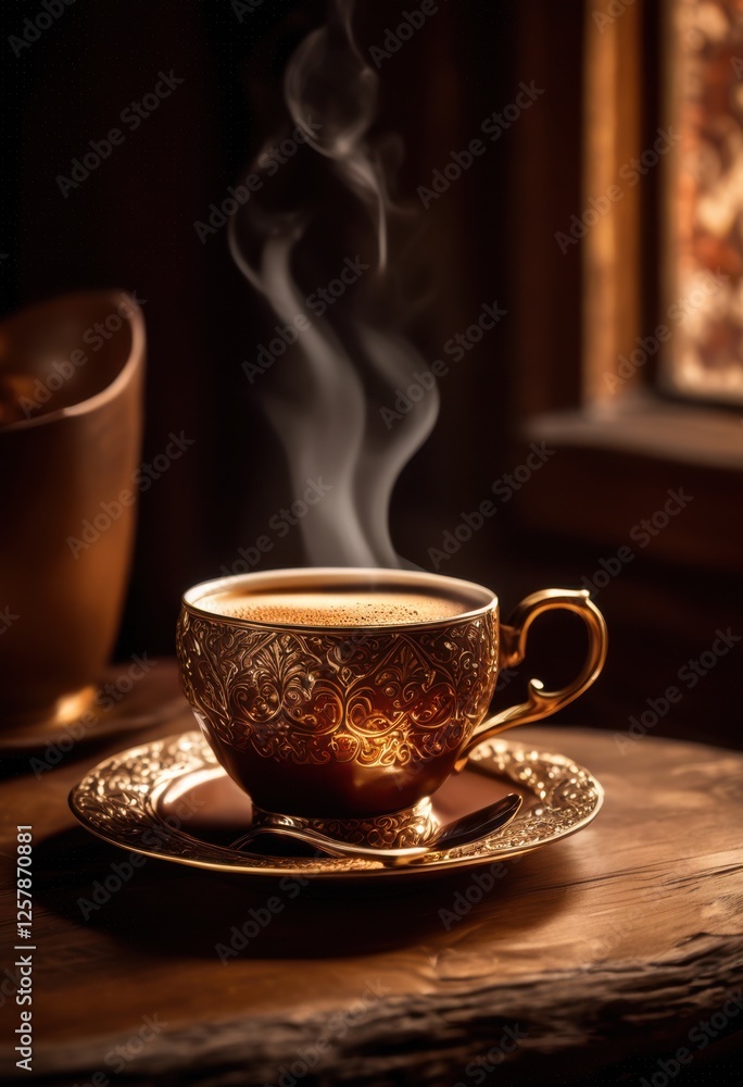Fototapeta premium detailed close coffee cup resting textured surface surrounded inviting colors subtle shadows capturing essence warmth comfort, barista, beverage, brown
