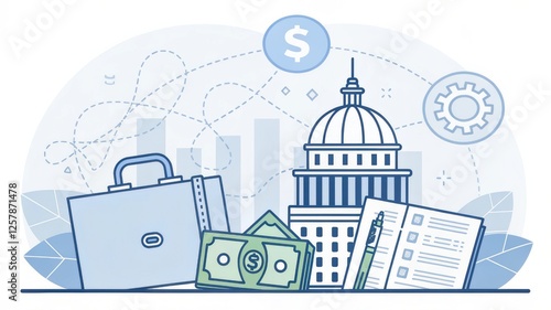 Social security taxes. Business and finance concepts featuring a briefcase, money, documents, and a government building.