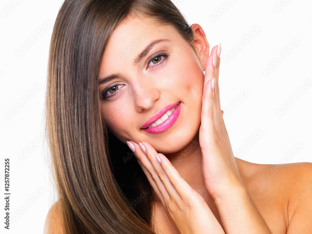 Fototapeta premium Girl, hair care and beauty with smile in studio, portrait and pride for results with growth by white background. Woman, model and person with hairstyle change, transformation and makeup in Portugal