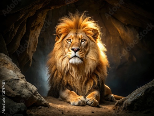 Rule of thirds captures a majestic African lion's portrait, a powerful big cat within its cave. photo