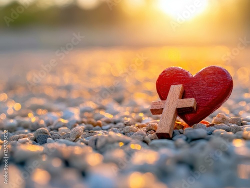 Faith Heart Cross on Beach at Sunrise Spiritual Symbol
