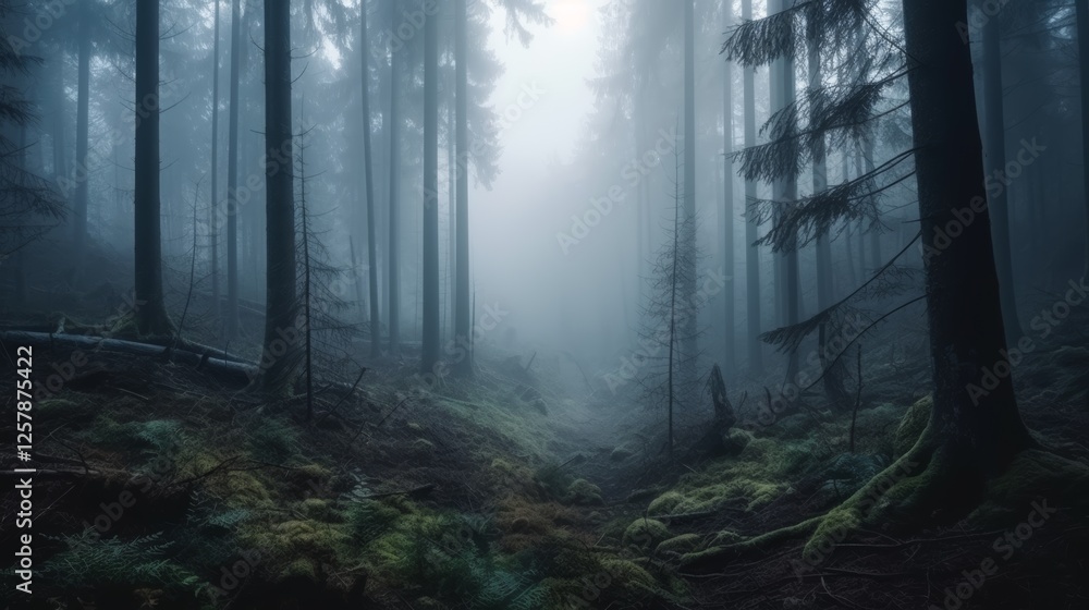 Naklejka premium Mysterious dark forest with fog. Panoramic image.