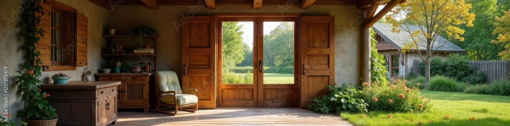 Obraz premium Rustic farmhouse with large windows and wooden shutters, rustic architecture, farm building