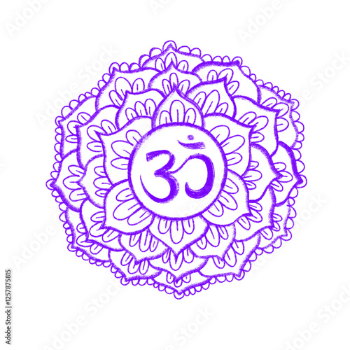 Sahasrara chakra. Hand drawn art. Om sign. Pencil drawing sacral icon. Meditation