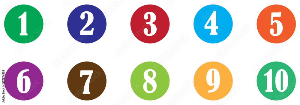 Collection of isolated round number icons for 1-10. Colorful numbered circle icons set from 1 to 10 for infographic ranking step-by-step process and educational design. Numbered colorful circle icons. Collection of isolated round number icons for 1-10. Colorful numbered circle icons set from 1 to 10 for infographic ranking step-by-step process and educational design. Numbered colorful circle icons.