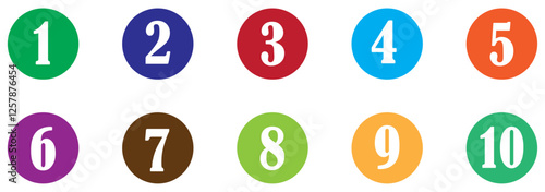 Collection of isolated round number icons for 1-10. Colorful numbered circle icons set from 1 to 10 for infographic ranking step-by-step process and educational design. Numbered colorful circle icons.