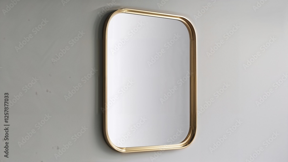 Obraz premium stylish, contemporary wall mirror with a unique, slightly curved rectangular shape. The mirror is framed with a thin, elegant metallic border in a brass or gold finish, adding a touch of sophisticati