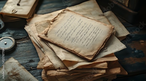 Antique handwritten letters and compass still life