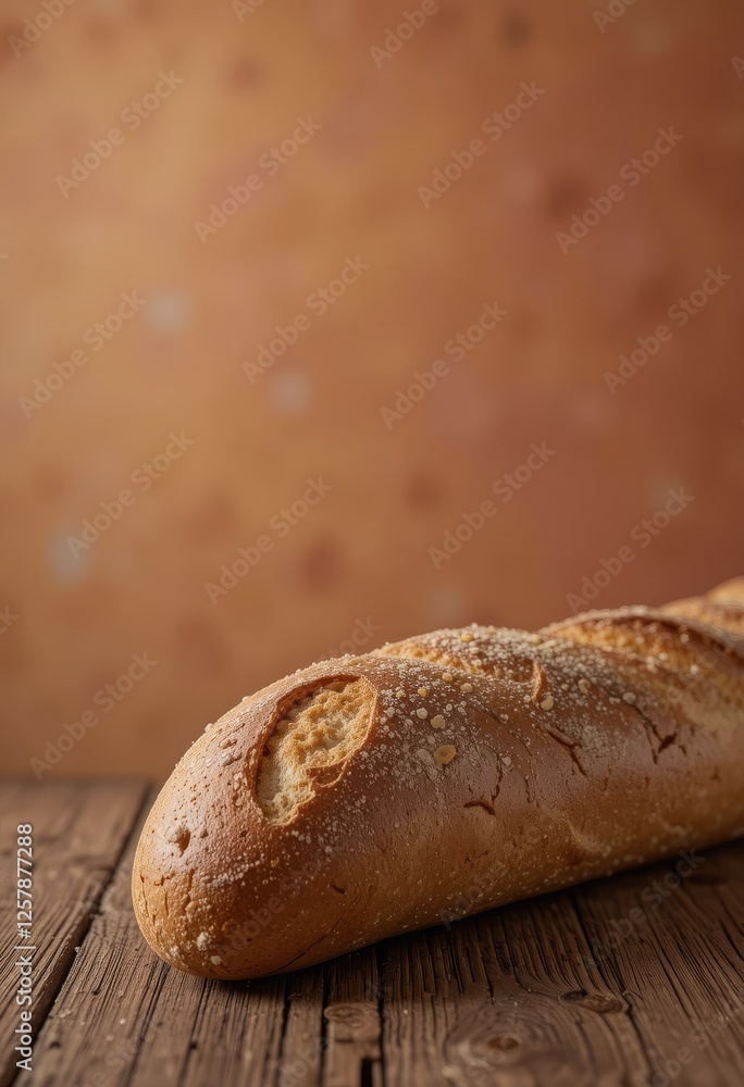 A fresh, crusty baguette placed on a rustic wooden table with a warm beige and soft terracotta background, highlighting the bread's texture and sheen Generative AI
