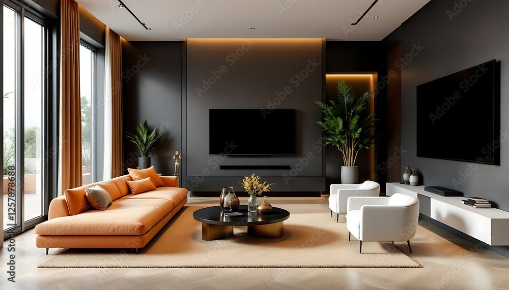 Fototapeta premium Modern living room design, city view, relaxation